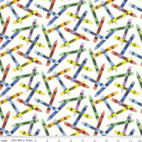 Image of the New Box of Crayons Crayon Toss Cloud Quilting Cotton Fabric by Riley Blake Designs. Features crayons on a white background. Cute Little Fabric Shop