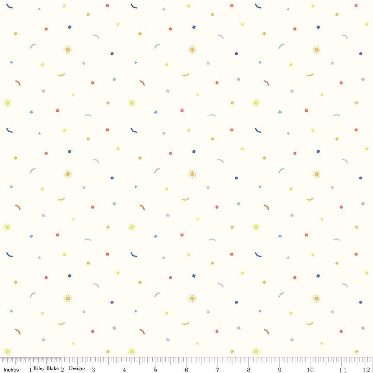 Image of the New Box of Crayons Confetti Cloud Quilting Cotton Fabric by Riley Blake Designs. Features confetti on a cream background. Cute Little Fabric Shop