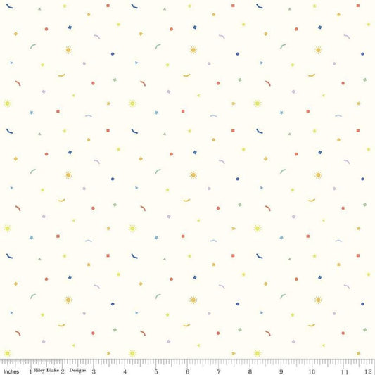 Image of the New Box of Crayons Confetti Cloud Quilting Cotton Fabric by Riley Blake Designs. Features confetti on a cream background. Cute Little Fabric Shop