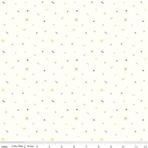 Image of the New Box of Crayons Confetti Cloud Quilting Cotton Fabric by Riley Blake Designs. Features confetti on a cream background. Cute Little Fabric Shop