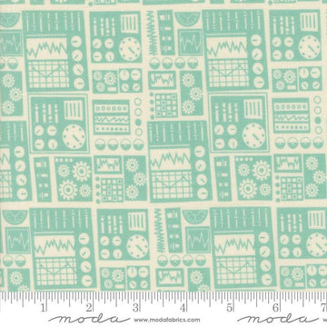 Image of the 321 Blast Off Dashboard Blue Nebula quilting cotton fabric by Moda Fabrics. Features vintage radios on a blue background. Cute Little Fabric Shop
