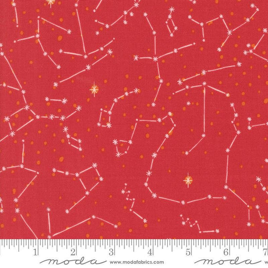 Image of the 321 Blast Off Constellation Mars quilting cotton fabric by Moda Fabrics. Features stars on a red background. Cute Little Fabric Shop