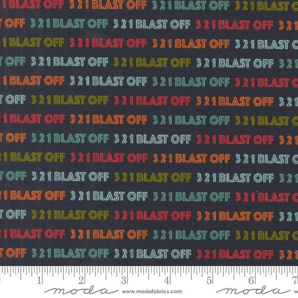 Image of the 321 Blast Off Text Night Sky quilting cotton fabric by Moda Fabrics. Features text on a blue background. Cute Little Fabric Shop