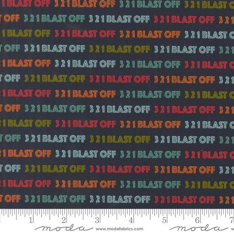 Image of the 321 Blast Off Text Night Sky quilting cotton fabric by Moda Fabrics. Features text on a blue background. Cute Little Fabric Shop