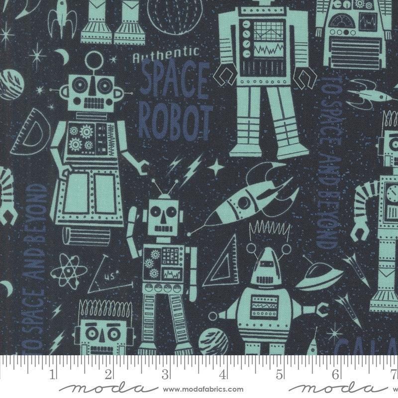 Image of the 321 Blast Off Robots Night Sky quilting cotton fabric by Moda Fabrics. Features vintage robots on a blue background. Cute Little Fabric Shop