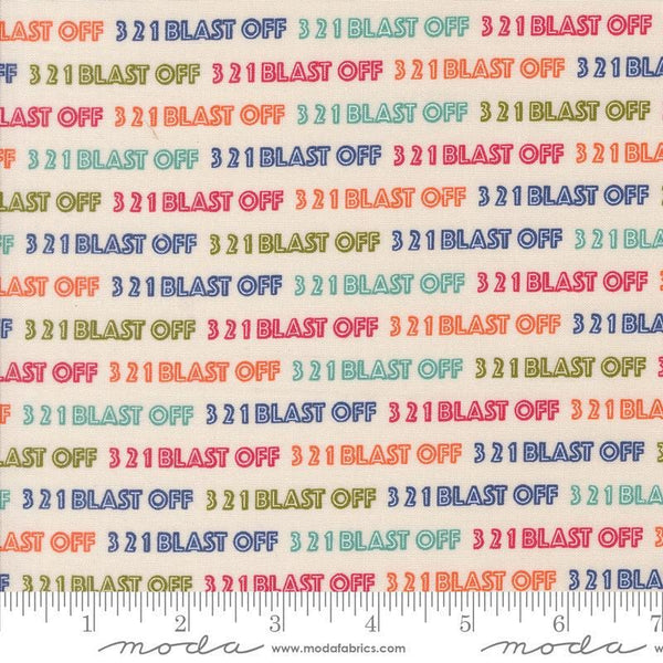 Image of the 321 Blast Off Text Night Spacesuit quilting cotton fabric by Moda Fabrics. Features text on a white background. Cute Little Fabric Shop