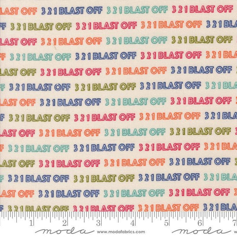 Image of the 321 Blast Off Text Night Spacesuit quilting cotton fabric by Moda Fabrics. Features text on a white background. Cute Little Fabric Shop