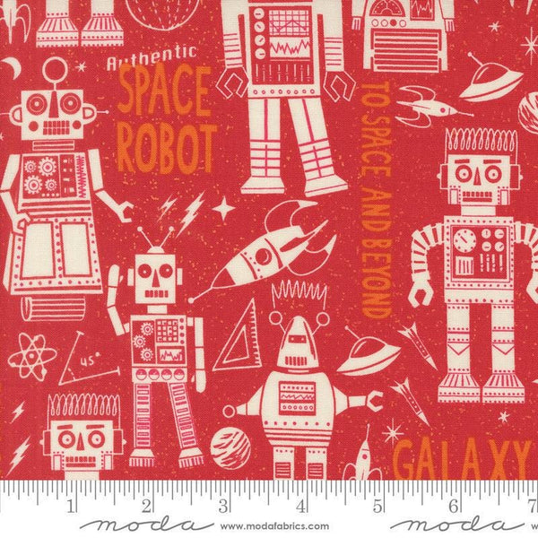 Image of the 321 Blast Off Robots Mars quilting cotton fabric by Moda Fabrics. Features vintage robots on a red background. Cute Little Fabric Shop