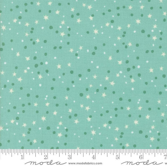 Image of the 321 Blast Off Stars Blue Nebula quilting cotton fabric by Moda Fabrics. Features vintage stars on a blue background. Cute Little Fabric Shop