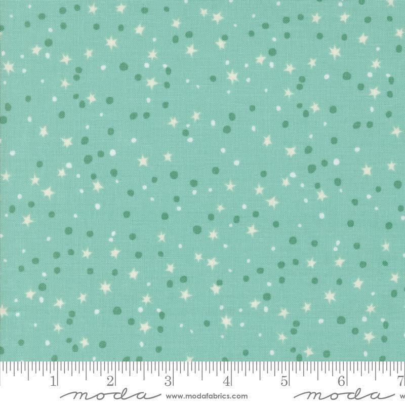 Image of the 321 Blast Off Stars Blue Nebula quilting cotton fabric by Moda Fabrics. Features vintage stars on a blue background. Cute Little Fabric Shop