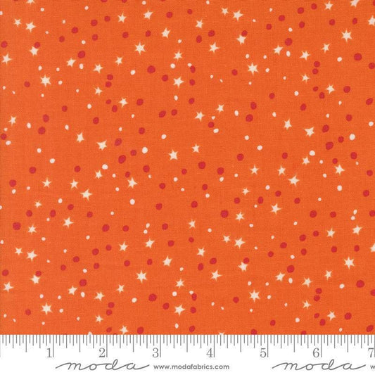 Image of the 321 Blast Off Stars Saturn quilting cotton fabric by Moda Fabrics. Features vintage stars on a red background. Cute Little Fabric Shop