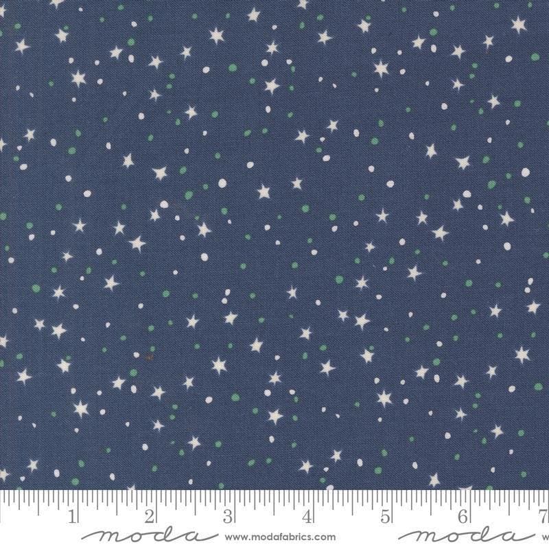 Image of the 321 Blast Off Stars Galaxy quilting cotton fabric by Moda Fabrics. Features vintage stars on a blue background. Cute Little Fabric Shop