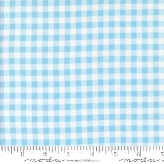 Image of the Sherbet Sunshine Flan Gingham Sky by Corey Yoder for Moda Fabrics. Features gingham on a sky background. Cute Little Fabric Shop
