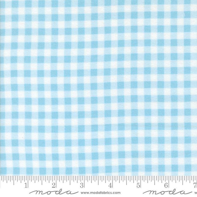 Image of the Sherbet Sunshine Flan Gingham Sky by Corey Yoder for Moda Fabrics. Features gingham on a sky background. Cute Little Fabric Shop