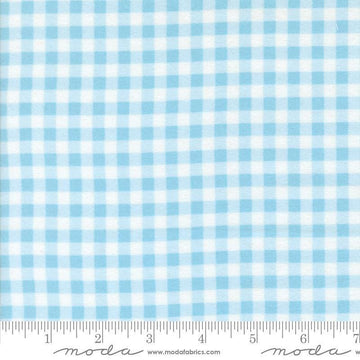 Image of the Sherbet Sunshine Flan Gingham Sky by Corey Yoder for Moda Fabrics. Features gingham on a sky background. Cute Little Fabric Shop