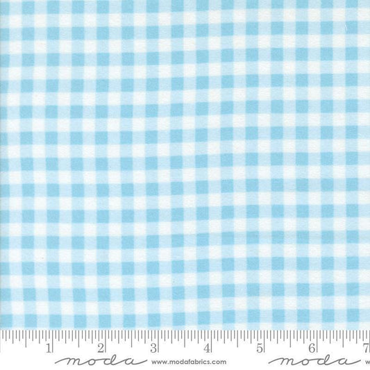 Image of the Sherbet Sunshine Flan Gingham Sky by Corey Yoder for Moda Fabrics. Features gingham on a sky background. Cute Little Fabric Shop