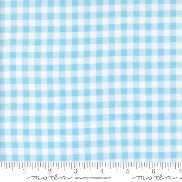 Image of the Sherbet Sunshine Flan Gingham Sky by Corey Yoder for Moda Fabrics. Features gingham on a sky background. Cute Little Fabric Shop