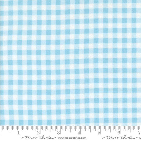 Image of the Sherbet Sunshine Flan Gingham Sky by Corey Yoder for Moda Fabrics. Features gingham on a sky background. Cute Little Fabric Shop