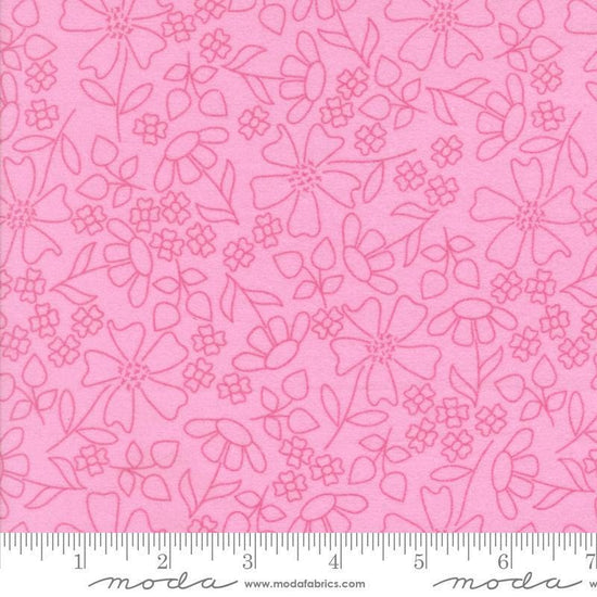 Image of the Sherbet Sunshine Flan Florals Petunia by Corey Yoder for Moda Fabrics. Features flowers on a pink background. Cute Little Fabric Shop