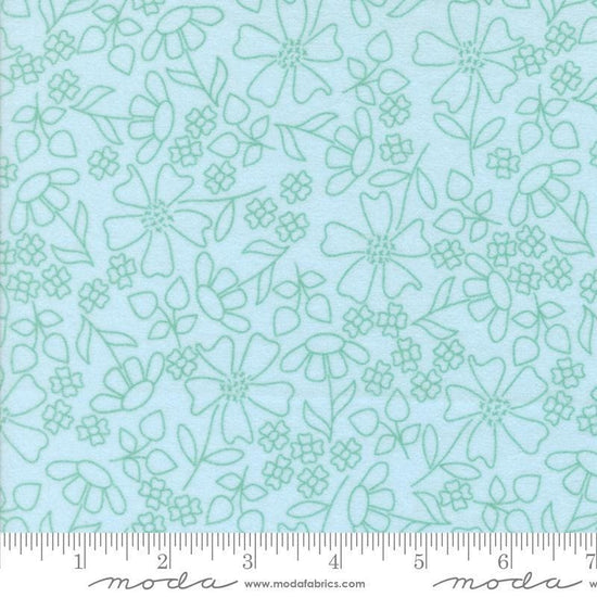 Image of the Sherbet Sunshine Flan Florals Sky by Corey Yoder for Moda Fabrics. Features flowers on a blue background. Cute Little Fabric Shop