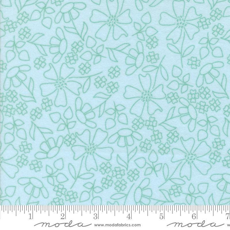 Image of the Sherbet Sunshine Flan Florals Sky by Corey Yoder for Moda Fabrics. Features flowers on a blue background. Cute Little Fabric Shop