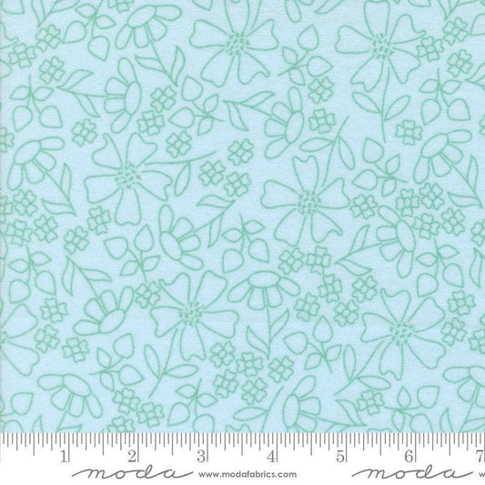 Image of the Sherbet Sunshine Flan Florals Sky by Corey Yoder for Moda Fabrics. Features flowers on a blue background. Cute Little Fabric Shop