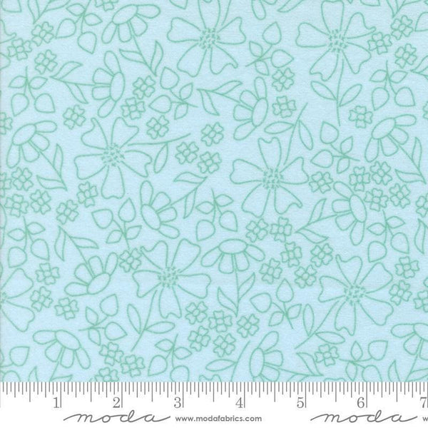Image of the Sherbet Sunshine Flan Florals Sky by Corey Yoder for Moda Fabrics. Features flowers on a blue background. Cute Little Fabric Shop