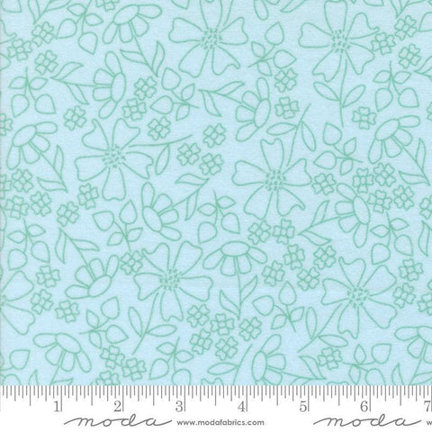 Image of the Sherbet Sunshine Flan Florals Sky by Corey Yoder for Moda Fabrics. Features flowers on a blue background. Cute Little Fabric Shop