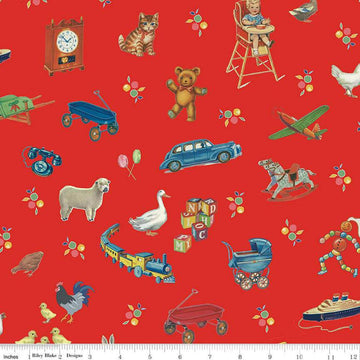 Image of the Simple Pleasures Toys Strawberry quilting cotton fabric by American Jane Riley Blake Designs. Features toys on a pink background. Cute Little Fabric Shop