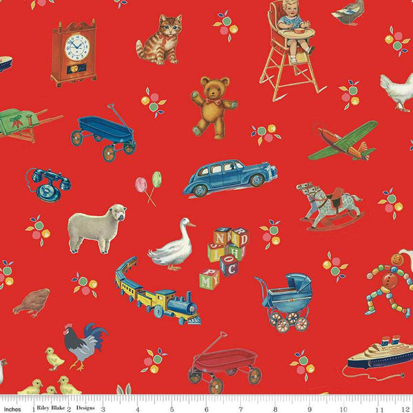 Image of the Simple Pleasures Toys Strawberry quilting cotton fabric by American Jane Riley Blake Designs. Features toys on a pink background. Cute Little Fabric Shop