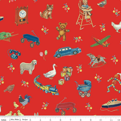 Image of the Simple Pleasures Toys Strawberry quilting cotton fabric by American Jane Riley Blake Designs. Features toys on a pink background. Cute Little Fabric Shop