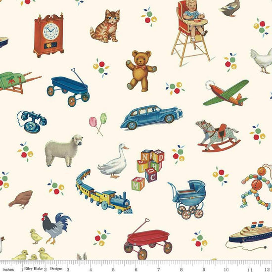 Image of the Simple Pleasures Toys Cream quilting cotton fabric by American Jane Riley Blake Designs. Features toys on a cream background. Cute Little Fabric Shop
