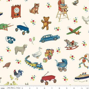 Image of the Simple Pleasures Toys Cream quilting cotton fabric by American Jane Riley Blake Designs. Features toys on a cream background. Cute Little Fabric Shop