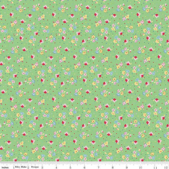 Image of the Simple Pleasures Calico Sweet Rose Green quilting cotton fabric by American Jane Riley Blake Designs. Features flowers on a green background. Cute Little Fabric Shop