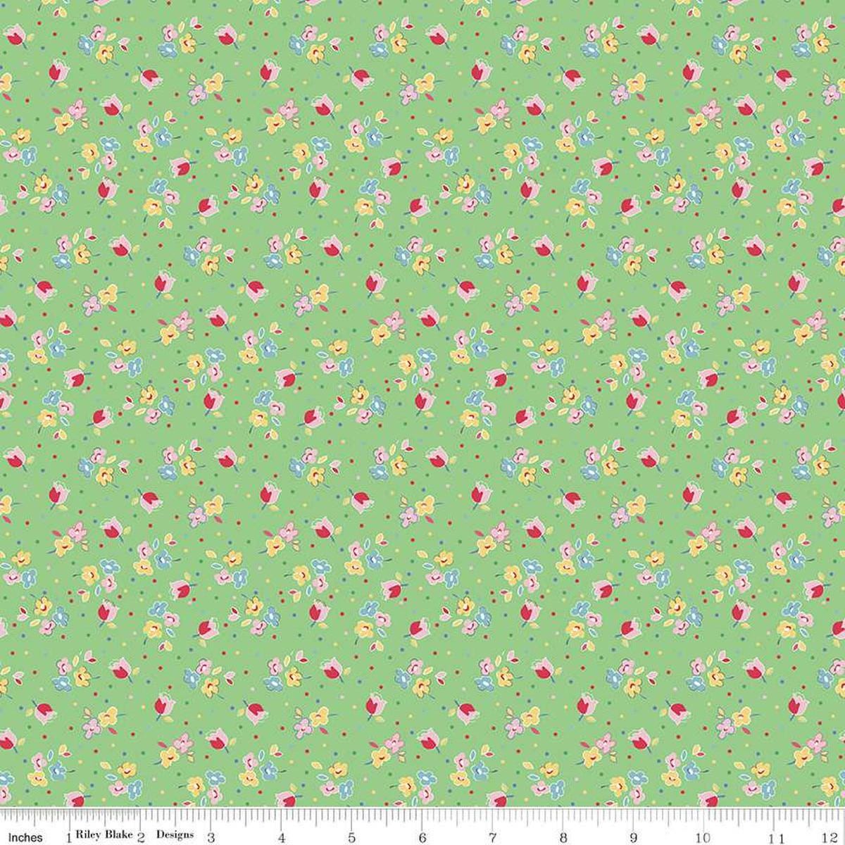 Image of the Simple Pleasures Calico Sweet Rose Green quilting cotton fabric by American Jane Riley Blake Designs. Features flowers on a green background. Cute Little Fabric Shop