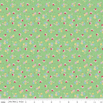 Image of the Simple Pleasures Calico Sweet Rose Green quilting cotton fabric by American Jane Riley Blake Designs. Features flowers on a green background. Cute Little Fabric Shop