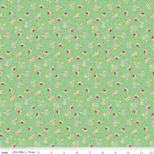 Image of the Simple Pleasures Calico Sweet Rose Green quilting cotton fabric by American Jane Riley Blake Designs. Features flowers on a green background. Cute Little Fabric Shop