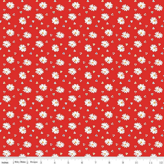 Image of the Simple Pleasures Heart Daisies Strawberry quilting cotton fabric by American Jane Riley Blake Designs. Features flowers on a red background. Cute Little Fabric Shop