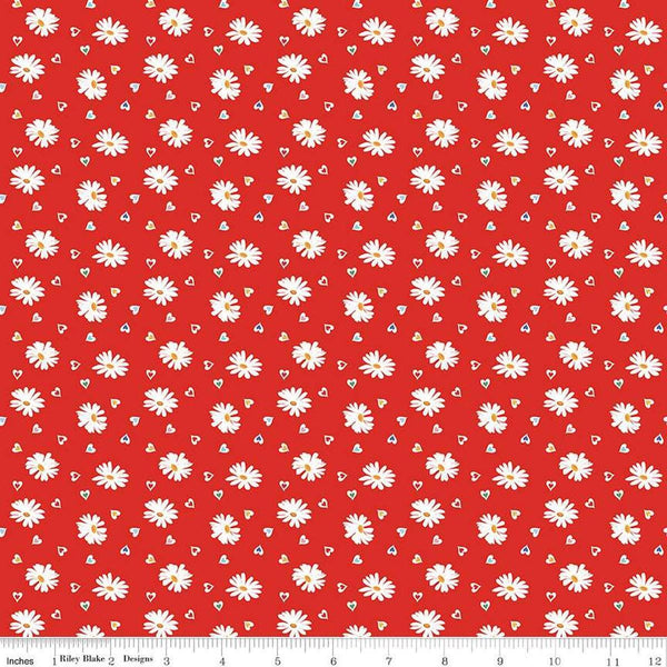 Image of the Simple Pleasures Heart Daisies Strawberry quilting cotton fabric by American Jane Riley Blake Designs. Features flowers on a red background. Cute Little Fabric Shop