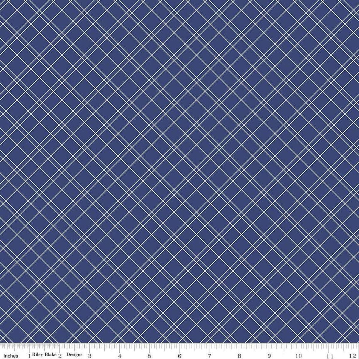 Image of the Simple Pleasures Grid Navy quilting cotton fabric by American Jane Riley Blake Designs. Features plaid on a navy background. Cute Little Fabric Shop