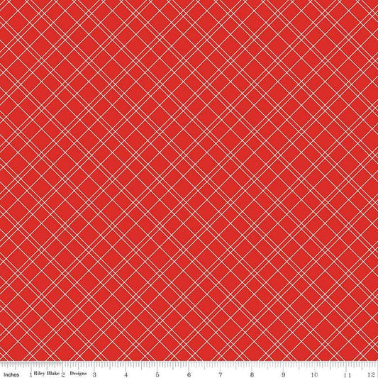 Image of the Simple Pleasures Grid Strawberry quilting cotton fabric by American Jane Riley Blake Designs. Features plaid on a red background. Cute Little Fabric Shop