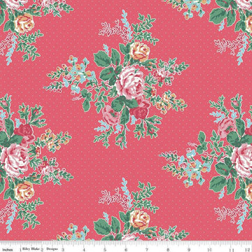 Image of the Simple Pleasures Floral Raspberry quilting cotton fabric by American Jane Riley Blake Designs. Features flowers on a red background. Cute Little Fabric Shop