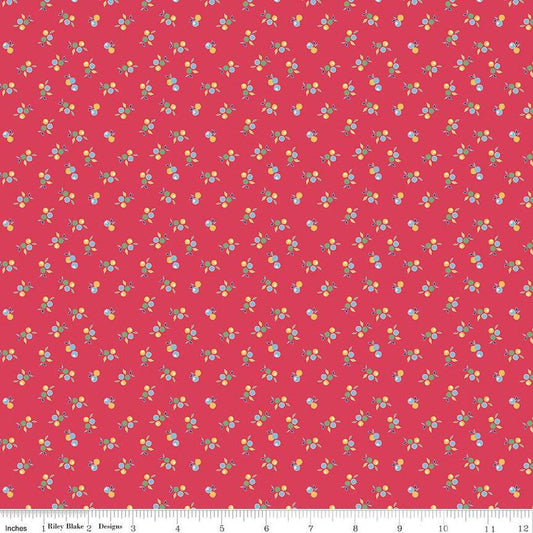 Image of the Simple Pleasures Kitchen Flowers Cherry quilting cotton fabric by American Jane Riley Blake Designs. Features flowers on a red background. Cute Little Fabric Shop