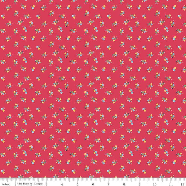 Image of the Simple Pleasures Kitchen Flowers Cherry quilting cotton fabric by American Jane Riley Blake Designs. Features flowers on a red background. Cute Little Fabric Shop