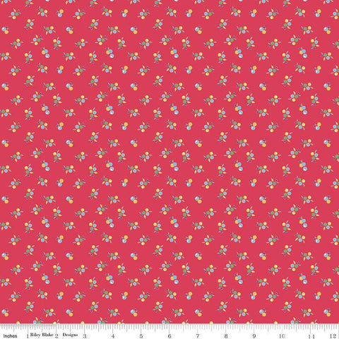 Image of the Simple Pleasures Kitchen Flowers Cherry quilting cotton fabric by American Jane Riley Blake Designs. Features flowers on a red background. Cute Little Fabric Shop