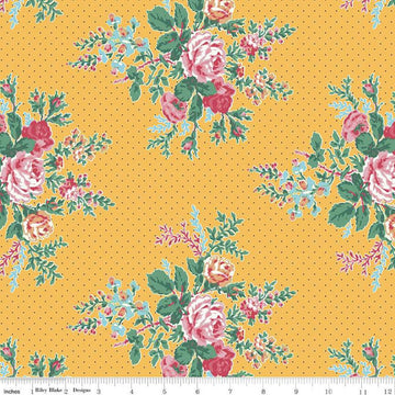 Image of the Simple Pleasures Floral Yellow quilting cotton fabric by American Jane Riley Blake Designs. Features flowers on a yellow background. Cute Little Fabric Shop