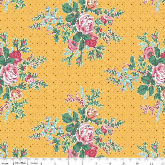 Image of the Simple Pleasures Floral Yellow quilting cotton fabric by American Jane Riley Blake Designs. Features flowers on a yellow background. Cute Little Fabric Shop