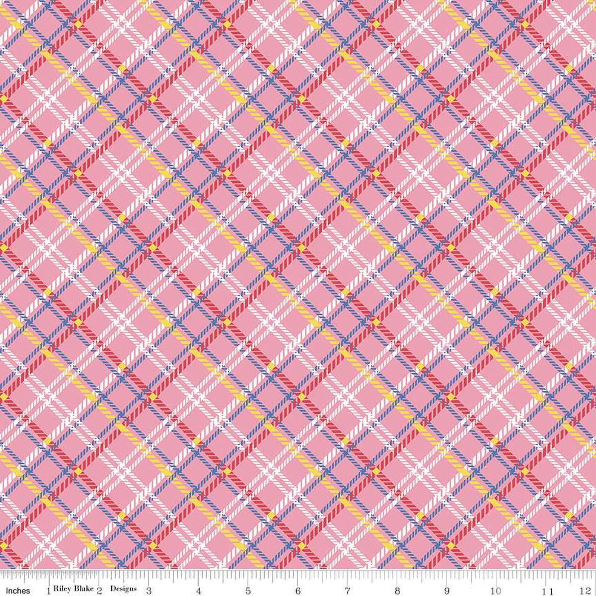 Image of the Simple Pleasures Plaid Pink quilting cotton fabric by American Jane Riley Blake Designs. Features plaid on a pink background. Cute Little Fabric Shop