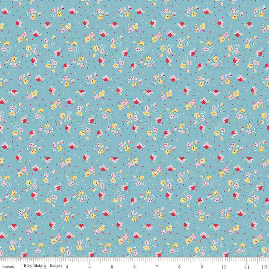 Image of the Simple Pleasures Calico Sweet Rose Aqua quilting cotton fabric by American Jane Riley Blake Designs. Features flowers on a blue background. Cute Little Fabric Shop
