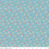 Image of the Simple Pleasures Calico Sweet Rose Aqua quilting cotton fabric by American Jane Riley Blake Designs. Features flowers on a blue background. Cute Little Fabric Shop